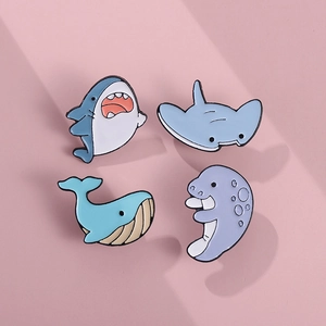 Set of 4 cute ocean creature enamel pins including shark and whale for bag accessories