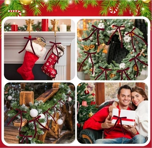 Deep red velvet Christmas bows decorating a stocking, wreath, stairs, and gift box