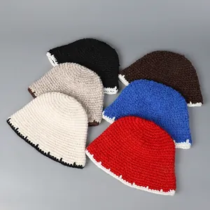 Hand Crocheted Knitted Bucket Hat Warm Woolen Wavy Edge Scalloped Trim Retro Winter Fisherman Cap For Women
