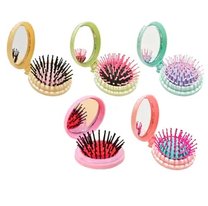 Portable Folding Hair Comb With Mirror Compact Pocket Hairbrush Travel Air Cushion Massage Brush Colorful Cartoon Pattern