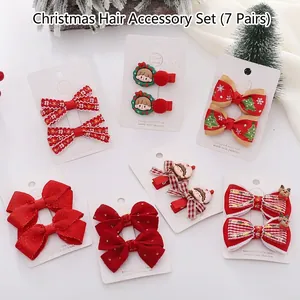 Christmas Bow Hair Clips For Baby Girls Kids Toddler Festive Red Reindeer Santa Tree Printed Ribbon Alligator Pins Handmade
