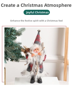 Close-up of standing Santa doll featuring grey plaid fabric and white faux fur details