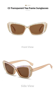 Close-up of cat eye sunglasses with tea frames and luxury rhinestone detailing