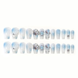 Blue and white gradient snowflake press-on nails set with rhinestones and pearls