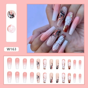 Long coffin press-on nails set with pink gradient, white floral art and marble design