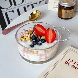 Ins style glass bowl set with pink bow pattern featuring yogurt and fresh fruit slices