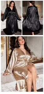 Detail of elegant satin robes featuring silky fabric, V-neck, and waist tie design