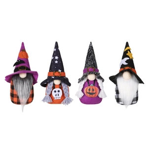 Set of four Halloween gnome plush dolls in purple, orange, black and white on white background