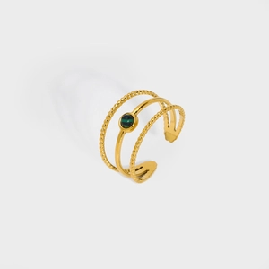 Three-layer 18K gold plated stainless steel open ring with a round green natural stone