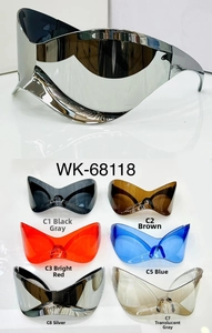 Detailed grid of oversized futuristic Y2K wraparound sunglasses in six vibrant colors