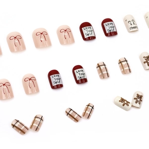 Autumn cream bear and bow-knot press-on nails set with red love and plaid patterns