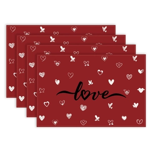 Set of 4 red linen Valentine's Day placemats with white hearts and Love print
