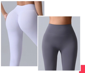 Detail view of high waist yoga flare pants with scrunch butt lifting design in purple and grey