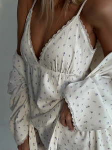 Floral V-neck camisole dress and matching robe set with lace trim in ribbed knit fabric
