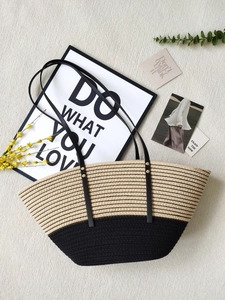 Woven Tote Bag Cotton Rope Patchwork Striped Beach Shoulder Bag With PU Leather Straps Casual Vacation For Women