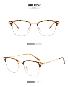 Detail of half-rim leopard frame eyeglasses with gold metal accents and clear nose pads