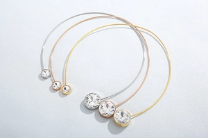 Three-color minimalist open bangles in gold, silver, and rose gold with zircon stones