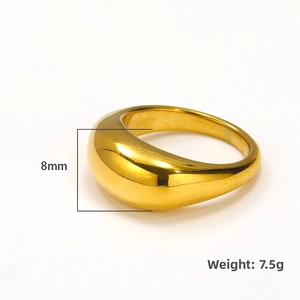 Detail view of 8mm gold dome ring showing its 7.5g weight and polished finish