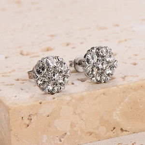 Elegant silver flower cluster stud earrings with sparkling round cubic zirconia stones