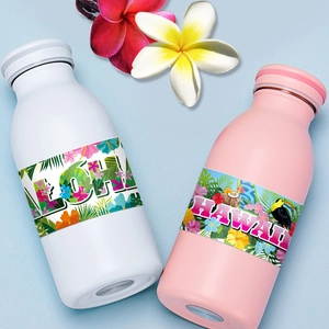 Hawaiian party water bottle stickers featuring Aloha and Hawaii tropical flower designs