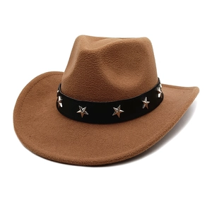 Classic camel wool felt western cowboy hat with silver star rivets on a black band