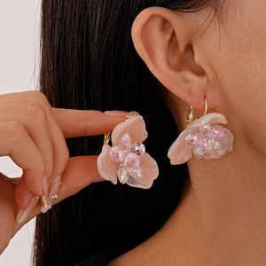 Sweet pink resin flower earrings with crystal beads and gold hooks for women