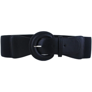 Chic black wide elastic cinch belt with PU leather finish and silver round buckle closure