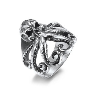 Vintage octopus skull ring in gothic style with silver black antique steel finish