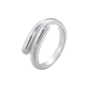 Detail of silver polished wrap ring showing minimalist asymmetric open metal structure