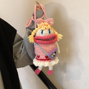 Handmade crochet pink doll crossbody bag with big eyes and red lips for girls