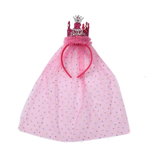 Pink princess birthday crown headband with sparkly sequins and long mesh bridal veil