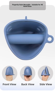 Blue silicone shark oven mitt with anti-slip stripes showing a versatile fingertip design