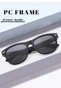 Detail of durable black PC frame and high-quality dark lenses on classic wooden sunglasses