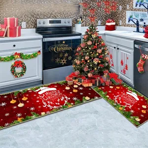 Red Merry Christmas kitchen mat set with festive Santa hat and snowflake patterns