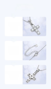 Detail view of S925 sterling silver cross pendant with sparkling moissanite stones