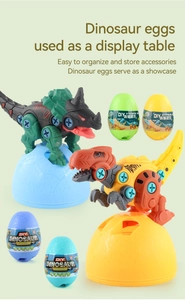 DIY assembly dinosaur toys with screw details and colorful egg-shaped display bases