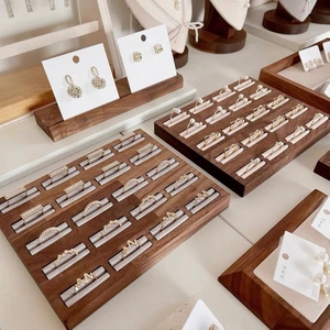 Walnut Wood Ring Display Tray Velvet Lining Multiple Slots Jewelry Storage Holder For Countertop Showcase