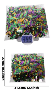 Detailed size chart and 39.9g weight for purple green gold carnival tinsel garland