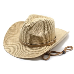 Chapeau Cowboy Homme Paille De Papier Large Bord Protection Solaire Respirant Plage Été Western Avec Mentonnière Cuir