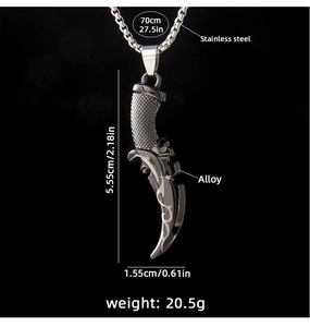 Detail showing dimensions of punk scythe pendant on long stainless steel chain necklace