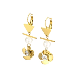 Spiral flower pendant earrings with white pearls and zircons in a golden titanium steel finish