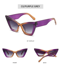 Detailed views of purple amber cat eye sunglasses with grey gradient lenses from three angles