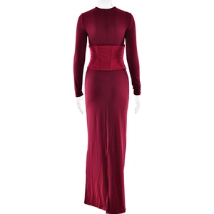 Back view of wine red slim fit maxi dress with high elasticity and waist-shaping design