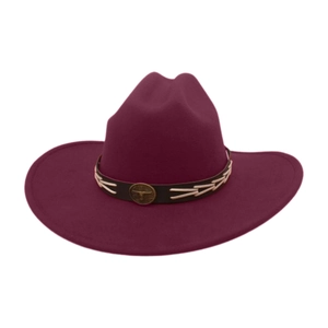 Detailed view of wide brim burgundy wool fedora featuring leather band and ox head badge