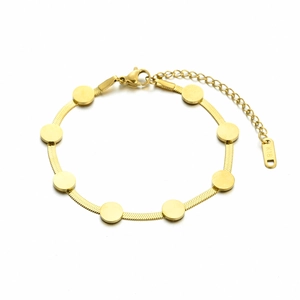 Gold-plated titanium steel flat snake chain bracelet with round discs and adjustable lobster clasp