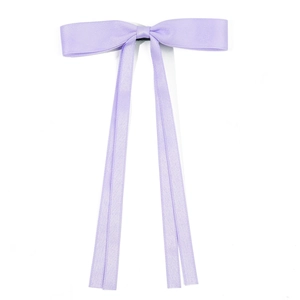 Elegant purple satin ribbon bow hair clip with long tails shown on a white background