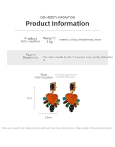 Detailed size chart for vintage resin heart earrings with rhinestones and alloy specs