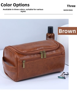 Dettaglio beauty case in pelle PU marrone con doppia cerniera in metallo e manico laterale
