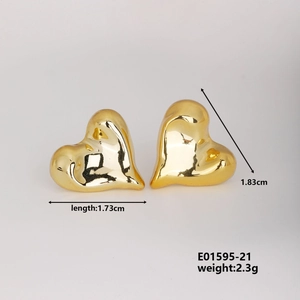 Polished gold heart stud earrings dimensions and weight specifications on white background