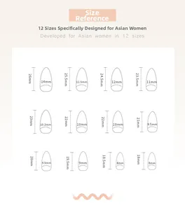 Detailed size chart for almond shaped press-on nails with 12 precise dimensions